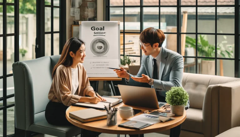 코칭에서 고객과 목표를 설정하고 있는 이미지