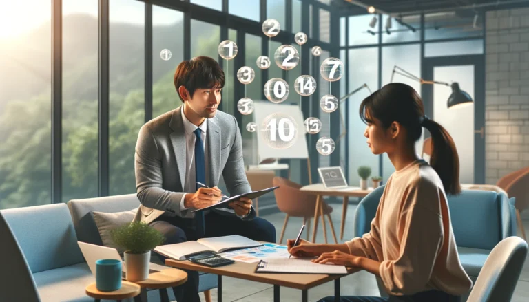 고객이 코치와 함께 숫자를 활용하여 코칭하는 사진