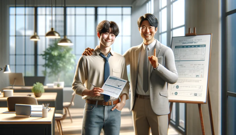 목표를 달성한 고객과 이를 격려하는 코치 사진